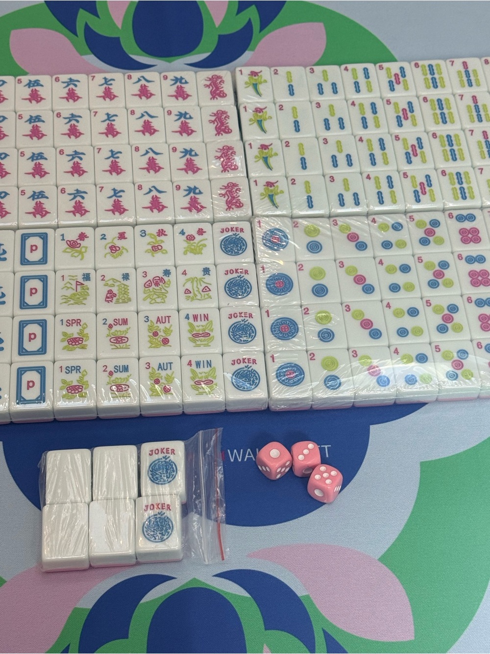 American Mahjong Tile Set with Pink Accents and Pink Dice